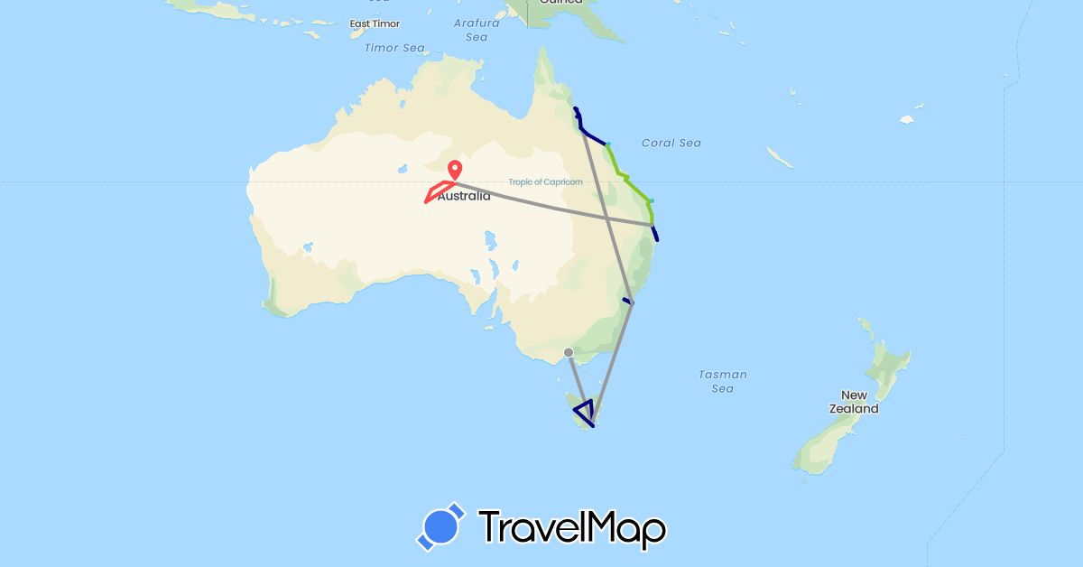 TravelMap itinerary: driving, plane, hiking, boat, electric vehicle in Australia (Oceania)